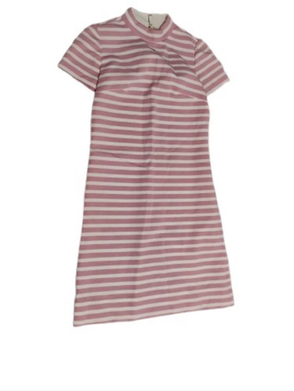 Vintage 1960s 1970s Mock Neck Striped Pink White Short Sleeve Dress
